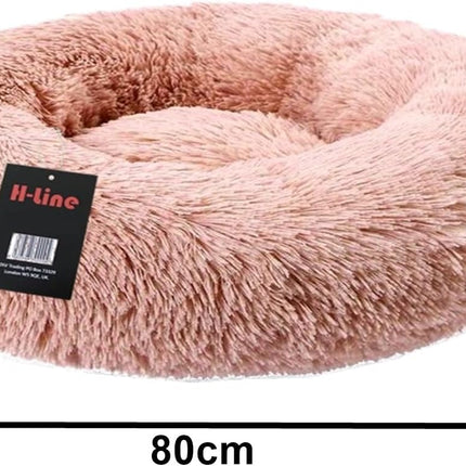 H-LINE Pet Dog Puppy Bed Donut Soft Fluffy Round Long Plush Cat Beds for Calming Washable (Pink, XL - 80cm)