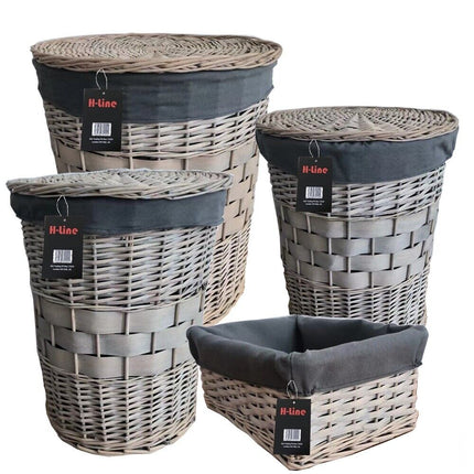 Wicker Storage Basket Set W Lining & Lid Bathroom Washing Laundry Hamper