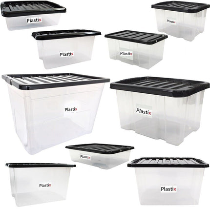 Quality Plastic Storage Boxes Clear Box With Black Lids Home Office Stackable UK