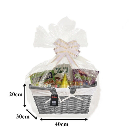 MAKE YOUR OWN HAMPER WICKER WINE BASKET CELLOPHANE WOOD WOOL BOW XMAS GIFT SET