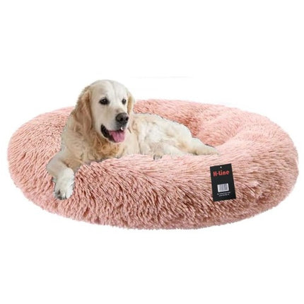 H-LINE Pet Dog Puppy Bed Donut Soft Fluffy Round Long Plush Cat Beds for Calming Washable (Pink, XL - 80cm)